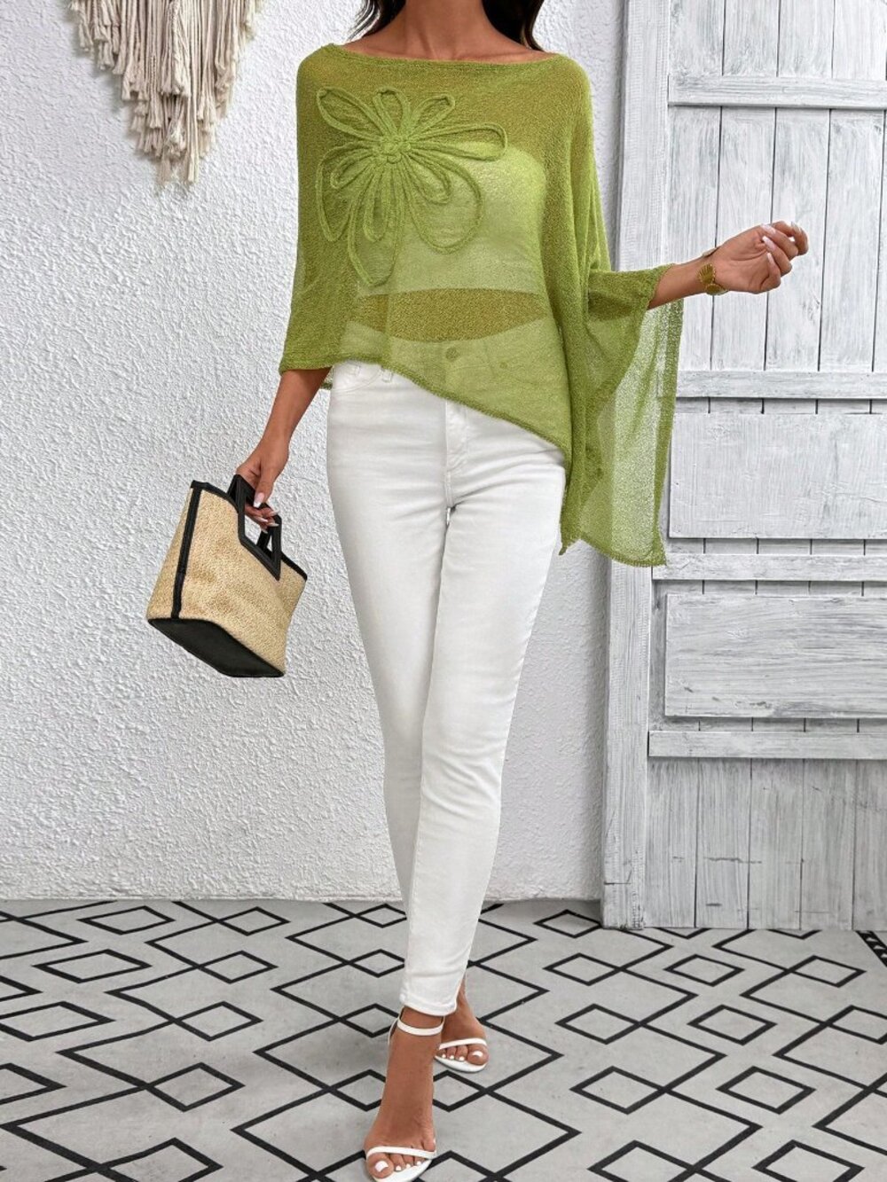 Green Casual Women's Plus Size Asymmetric Hem Design Poncho Style Knit Top - Picture 4 of 7